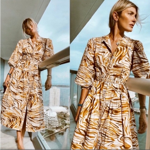 Anthropologie Love The Label Honey Puff-Sleeved Fit and Flare Belted Midi Dress - Picture 1 of 16